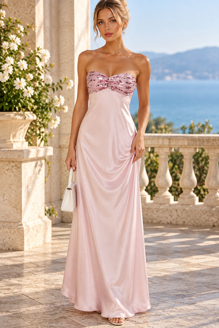 Modest Strapless Sweetheart Satin Pleats Prom Evening Dress