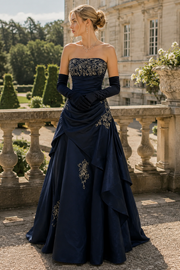 Navy Blue A-Line Strapless Bead Ruffles Vintage Prom Dress