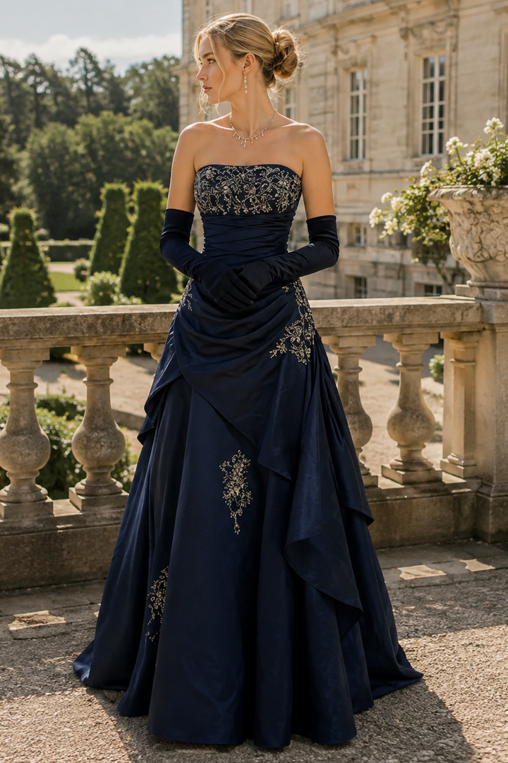 Navy Blue A-Line Strapless Bead Ruffles Vintage Prom Dress