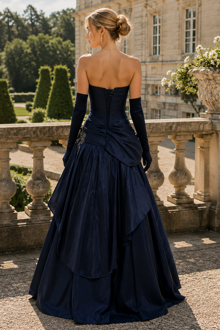 Navy Blue A-Line Strapless Bead Ruffles Vintage Prom Dress
