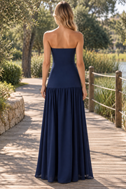 Navy Blue A-Line Strapless Empire-Waist High Slit Long Prom Floral Dress
