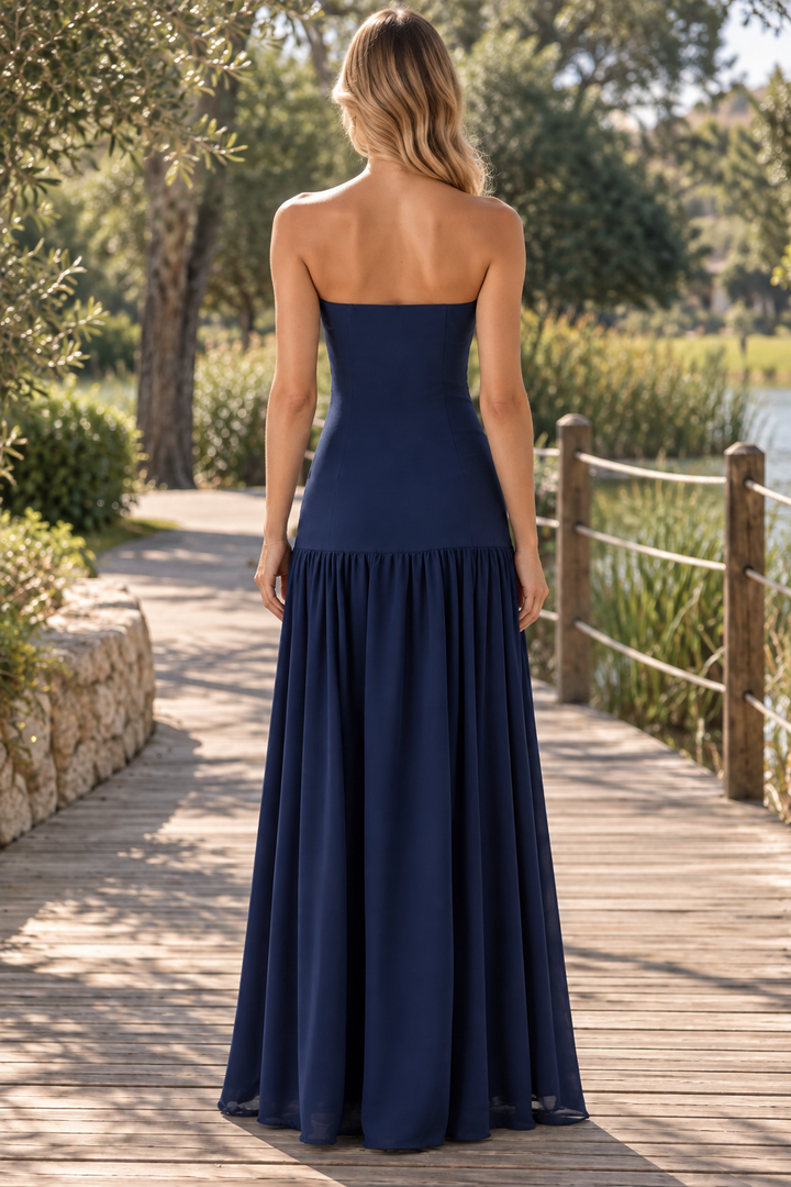 Navy Blue A-Line Strapless Empire-Waist High Slit Long Prom Floral Dress
