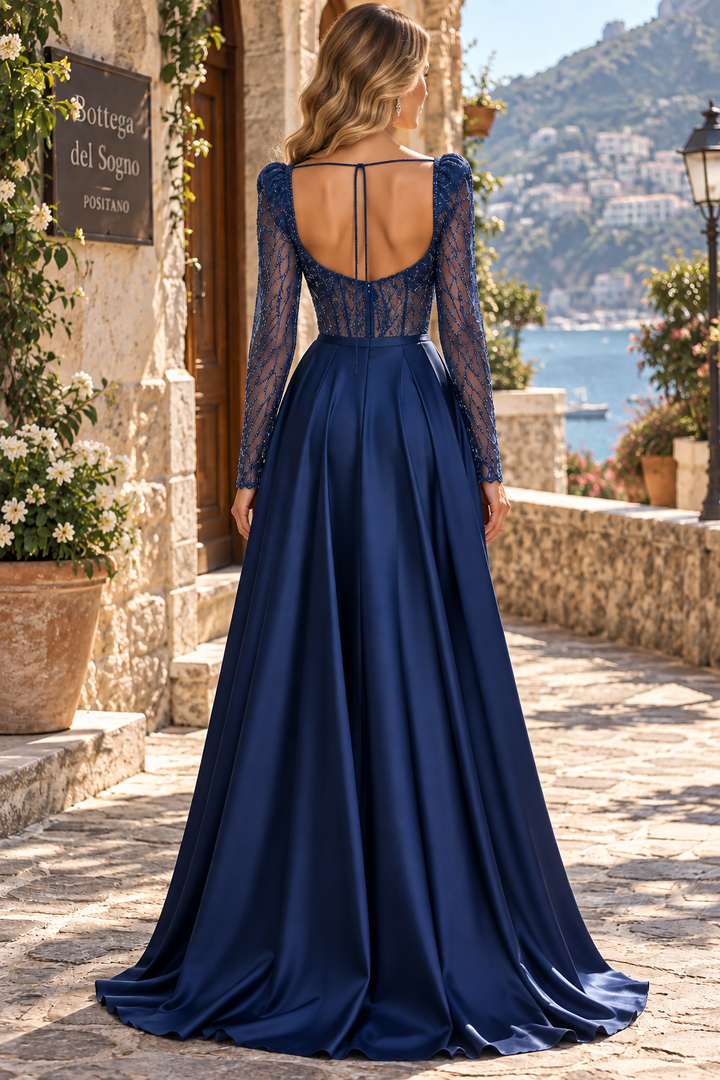 Navy Blue A-Line Sweetheart Long Sleeveless Empire-Waist Prom Evening Dress with Slit