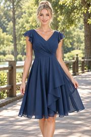 Navy Blue A-Line V-Neck Ruffles Empire-Waist Homecoming Cocktail Dress