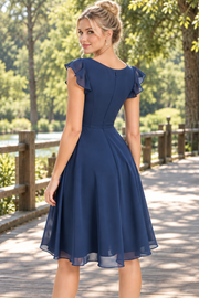 Navy Blue A-Line V-Neck Ruffles Empire-Waist Homecoming Cocktail Dress