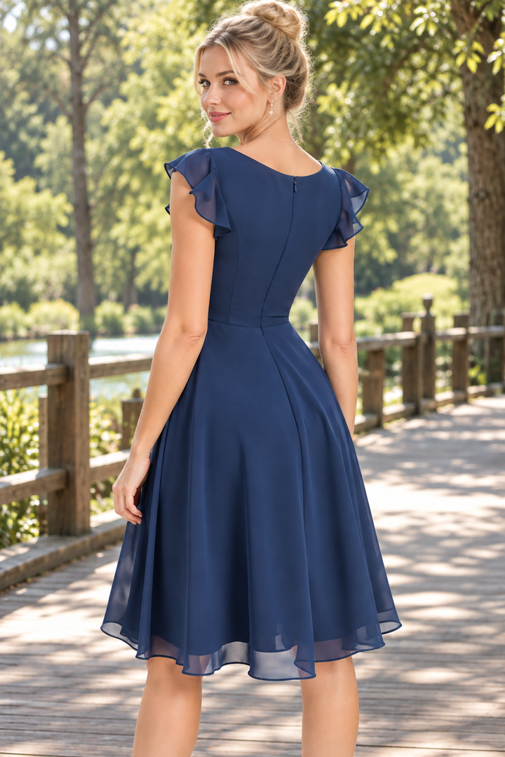 Navy Blue A-Line V-Neck Ruffles Empire-Waist Homecoming Cocktail Dress