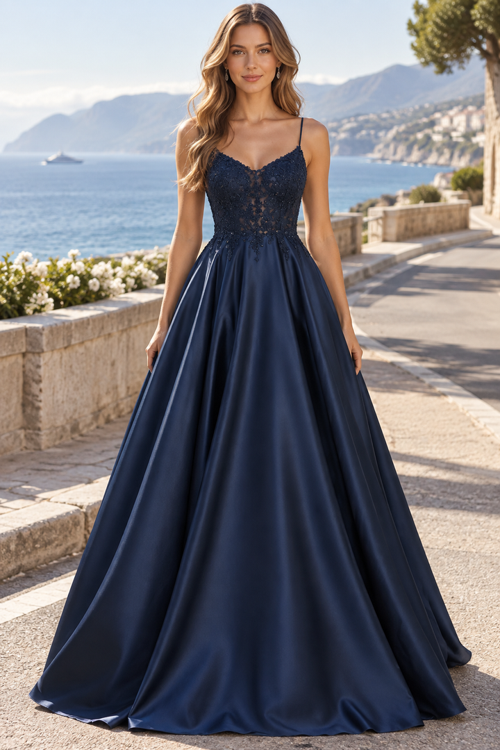 Navy Blue A-Line V-Neck Spaghetti Straps Satin Long Prom Formal Dress