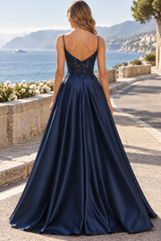 Navy Blue A-Line V-Neck Spaghetti Straps Satin Long Prom Formal Dress