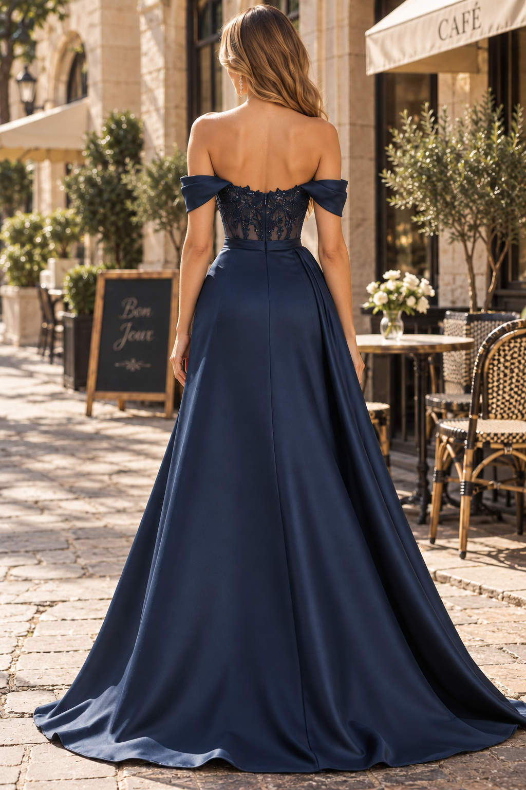 Navy Blue Off-Shoulder A-Line High Slit Prom Evening Dress with Train