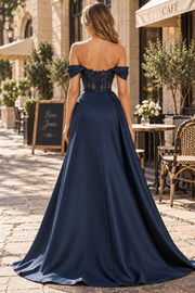 Navy Blue Off-Shoulder A-Line High Slit Prom Evening Dress with Train