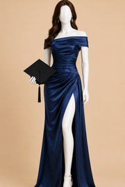 Navy Blue Off-Shoulder Pleats Satin Long Prom Party Dress with Slit