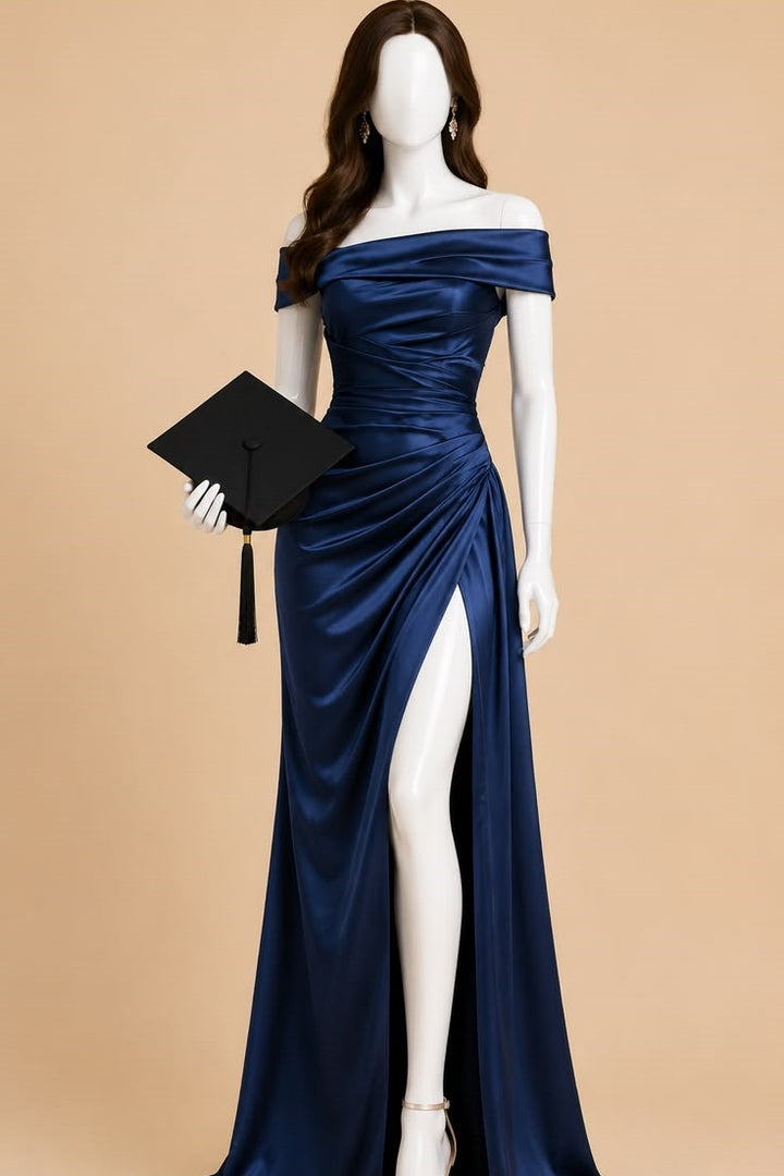 Navy Blue Off-Shoulder Pleats Satin Long Prom Party Dress with Slit