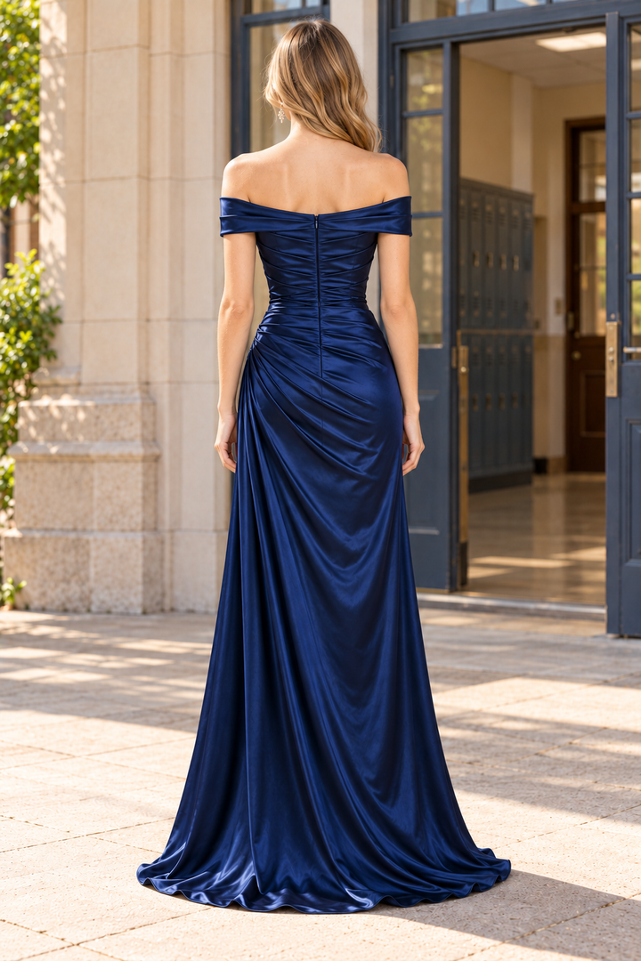 Navy Blue Off-Shoulder Pleats Satin Long Prom Party Dress with Slit