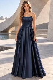 Navy Blue Spaghetti Straps Pleated Satin A-Line Prom Formal Dress
