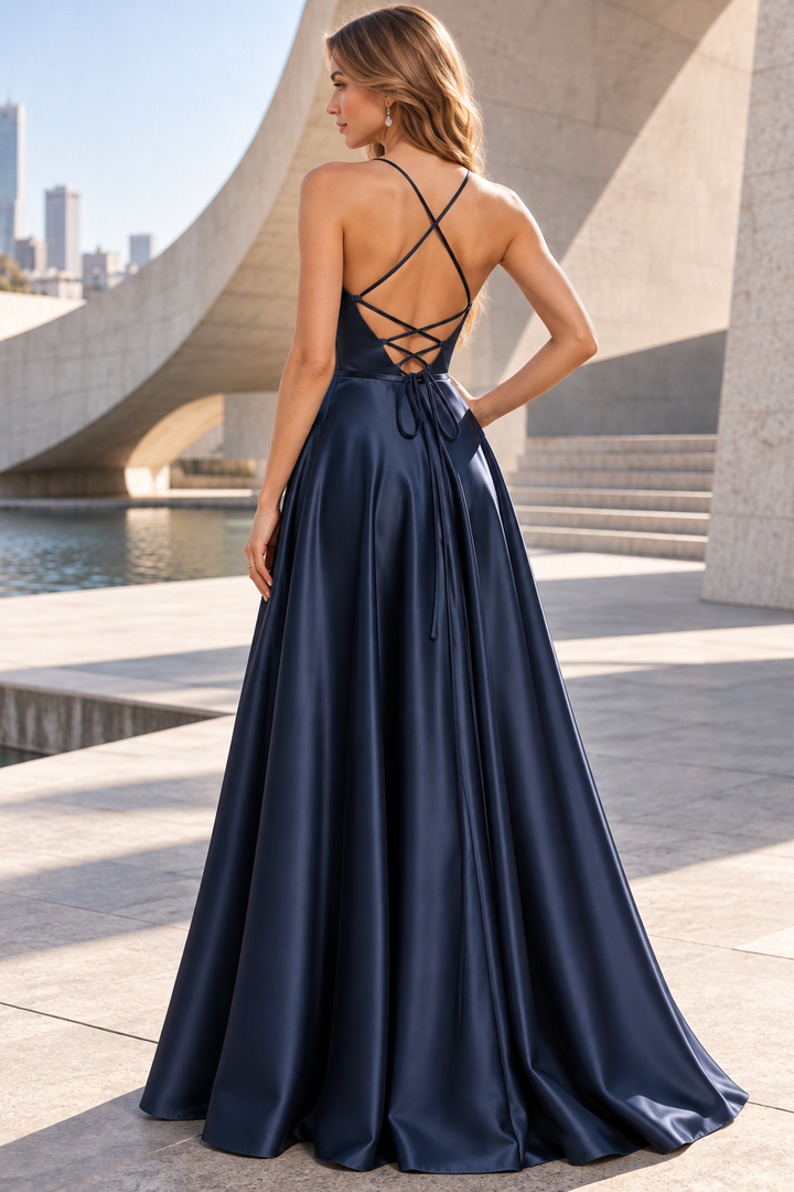 Navy Blue Spaghetti Straps Pleated Satin A-Line Prom Formal Dress
