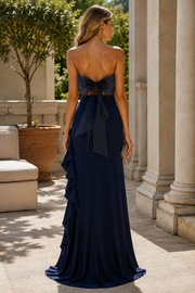Navy Blue Strapless High Slit Ruffles Satin Prom Formal Dress with Bow