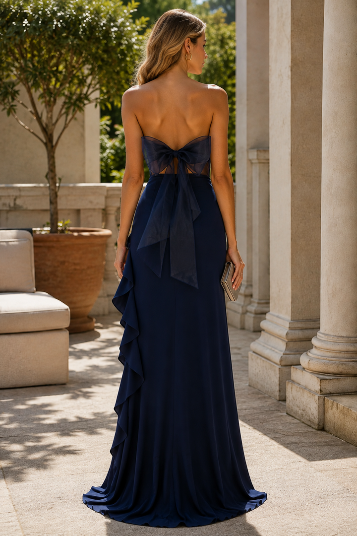 Navy Blue Strapless High Slit Ruffles Satin Prom Formal Dress with Bow