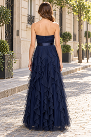 Navy Blue Strapless Tulle Sweetheart Ruffles Prom Dress with Bow