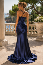 Navy Blue Straps Pleats Mermaid Satin Sleeveless Long Prom Dress