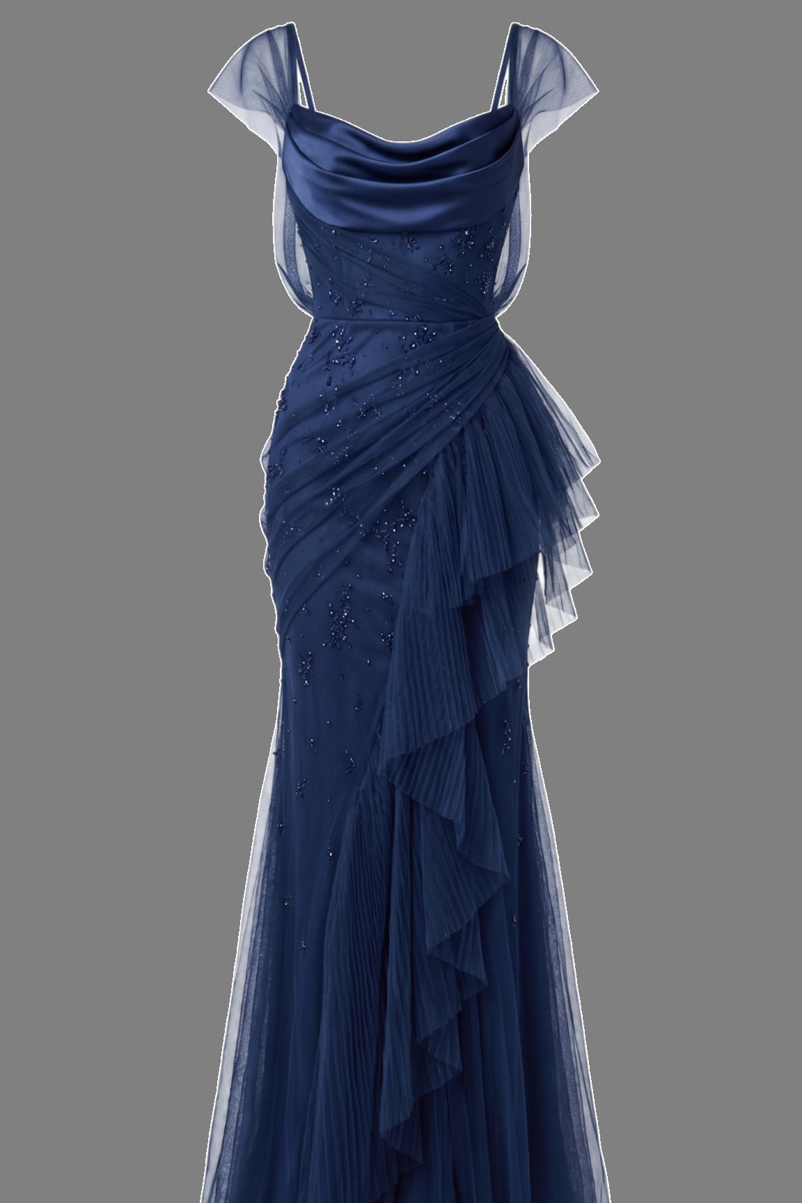 Navy Blue Straps Scoop Neck Ruffles Beading Tulle Long Prom Evening Dress