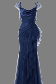 Navy Blue Straps Scoop Neck Ruffles Beading Tulle Long Prom Evening Dress