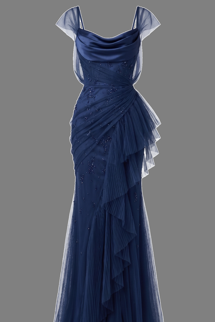 Navy Blue Straps Scoop Neck Ruffles Beading Tulle Long Prom Evening Dress