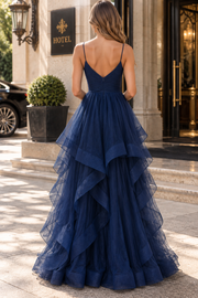 Navy Blue V-Neck Ruffles A-Line Sleeveless High Slit Prom Dress with Spaghetti Straps