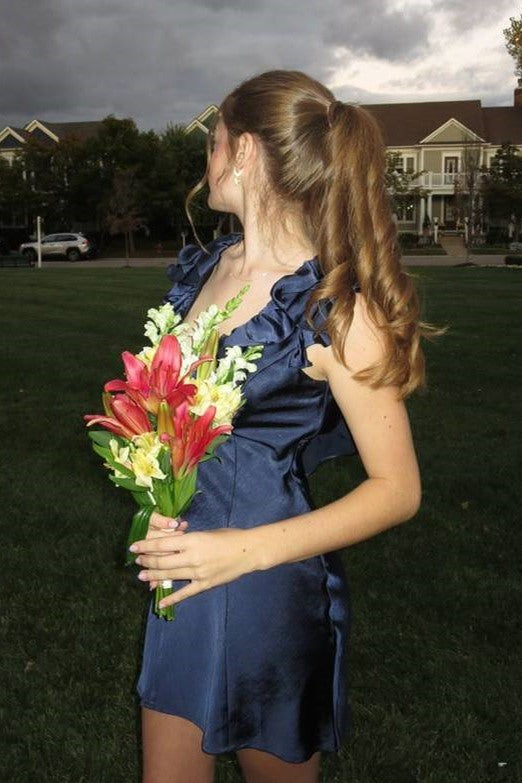 Navy Blue V-Neck Straps Satin Short Homecoming Dress