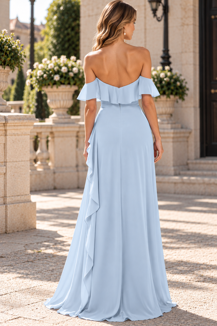 Off-Shoulder A-Line Chiffon Empire-Waist Long Evening Prom Dress with Slit