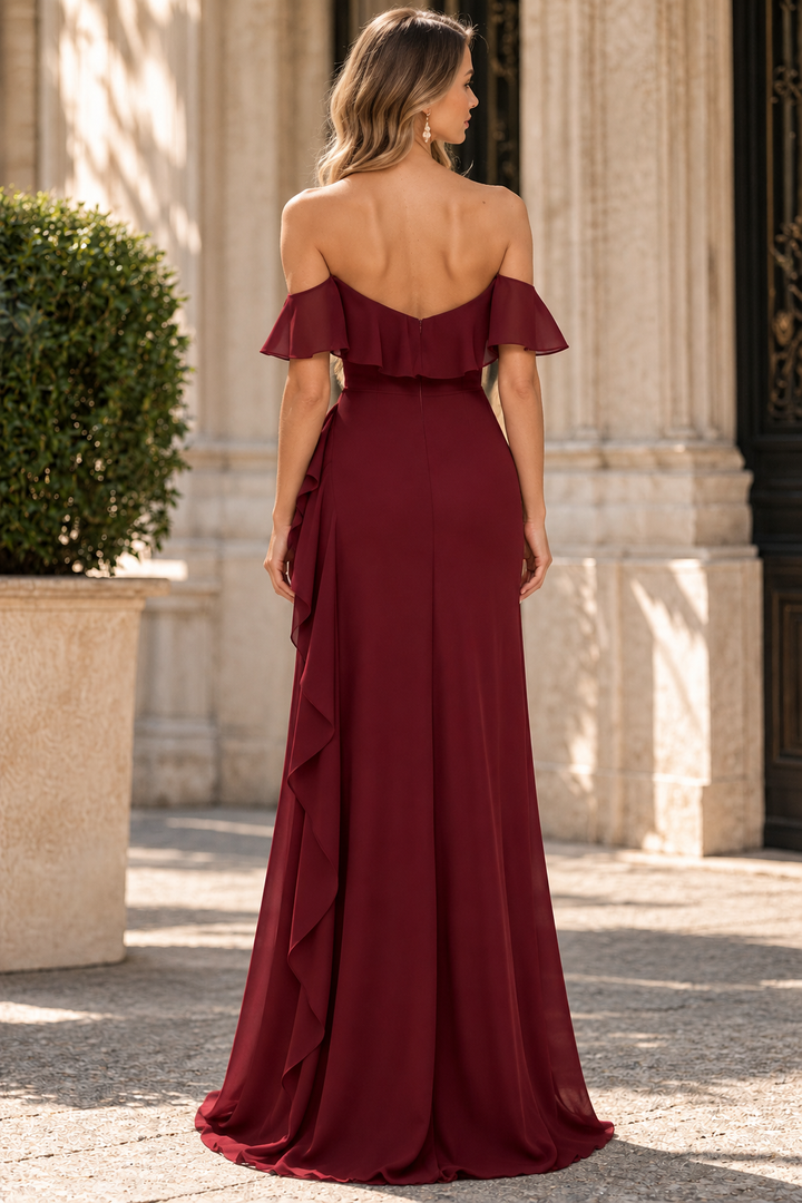 Off-Shoulder A-Line Chiffon Empire-Waist Long Evening Prom Dress with Slit
