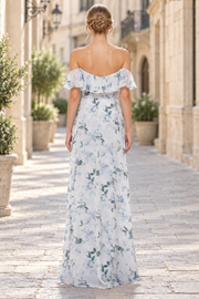 Off-Shoulder A-Line Chiffon Print Strapless Long Evening Prom Dress with Slit