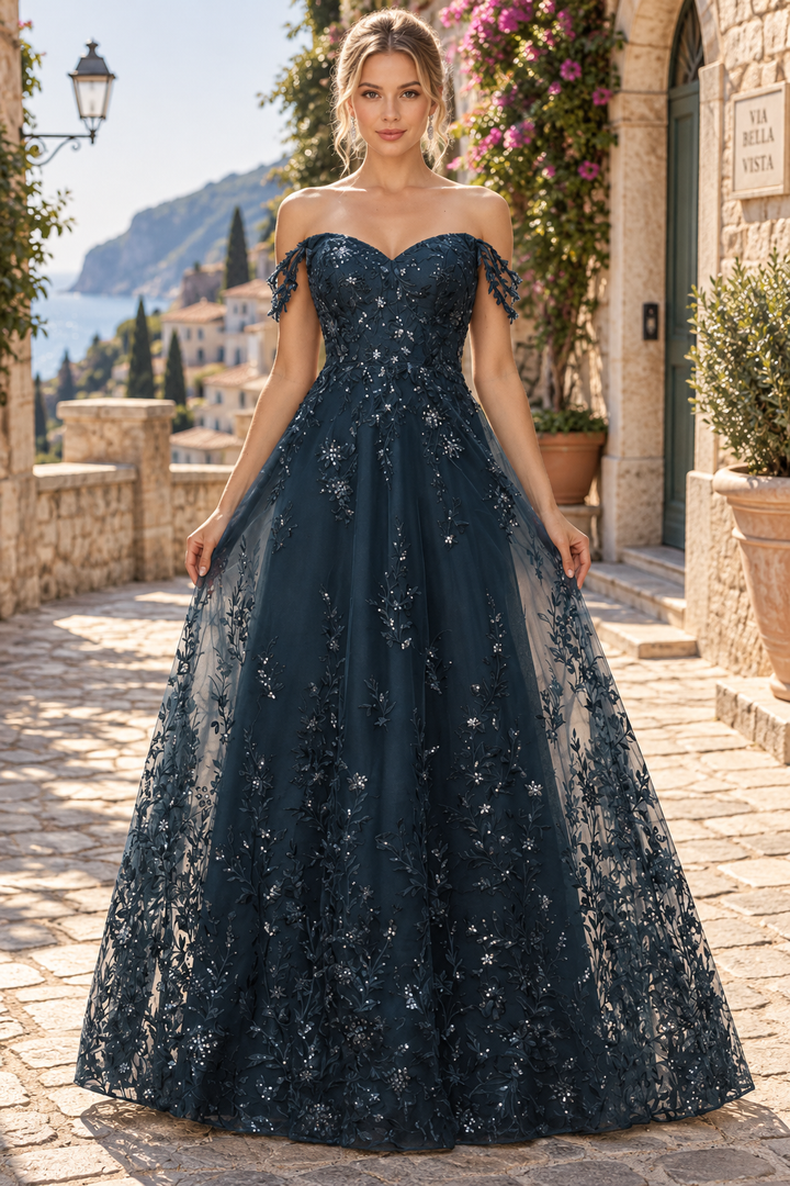 Off-Shoulder A-Line Empire-Waist Lace Appliques Sweetheart Long Prom Dress
