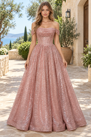 Off-Shoulder A-Line Empire-Waist Strapless Sparkly Prom Dress