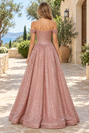 Off-Shoulder A-Line Empire-Waist Strapless Sparkly Prom Dress