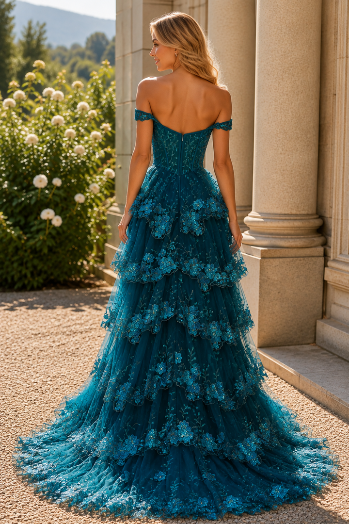 Off-Shoulder A-Line Empire-Waist Tiered Ruffles Prom Dress with Sequin Appliques