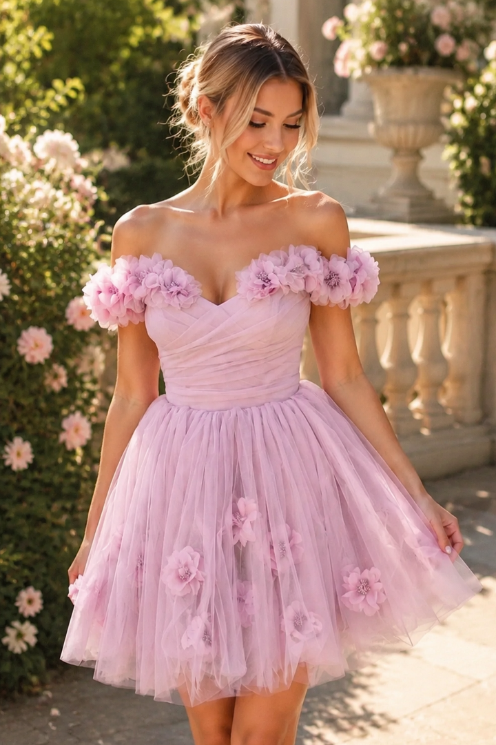 Off-Shoulder A-Line Empire-Waist Tulle Short Homecoming Dress with Flower