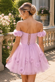 Off-Shoulder A-Line Empire-Waist Tulle Short Homecoming Dress with Flower