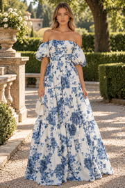 Off-Shoulder A-Line Strapless Printing Satin Long Prom Evening Dress