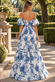 Off-Shoulder A-Line Strapless Printing Satin Long Prom Evening Dress