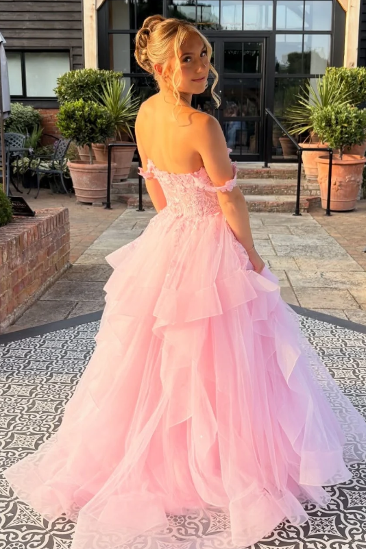 Off-Shoulder A-Line Sweetheart Ruffles Empire-Waist Prom Dress with Lace Appliques