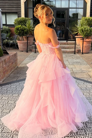 Off-Shoulder A-Line Sweetheart Ruffles Empire-Waist Prom Dress with Lace Appliques