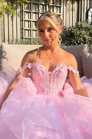 Off-Shoulder A-Line Sweetheart Ruffles Empire-Waist Prom Dress with Lace Appliques