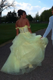 Off-Shoulder A-Line Sweetheart Ruffles Empire-Waist Prom Dress with Lace Appliques