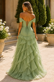Off-Shoulder A-Line Sweetheart Ruffles High Slit Prom Evening Dress