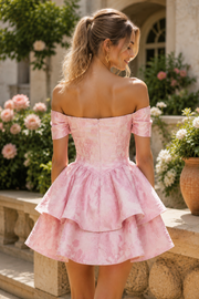 Off-Shoulder Jacquard Bow Tiered A-Line Short Homecoming Dress