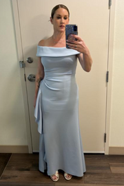 Off-Shoulder Pleats Satin Ruched Long Prom Evening Dress with Slit