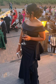 Off-Shoulder Pleats Satin Ruched Long Prom Evening Dress with Slit