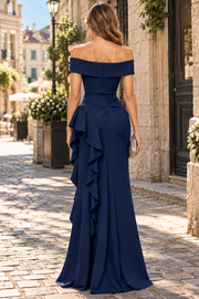 Off-Shoulder Pleats Satin Ruched Long Prom Evening Dress with Slit
