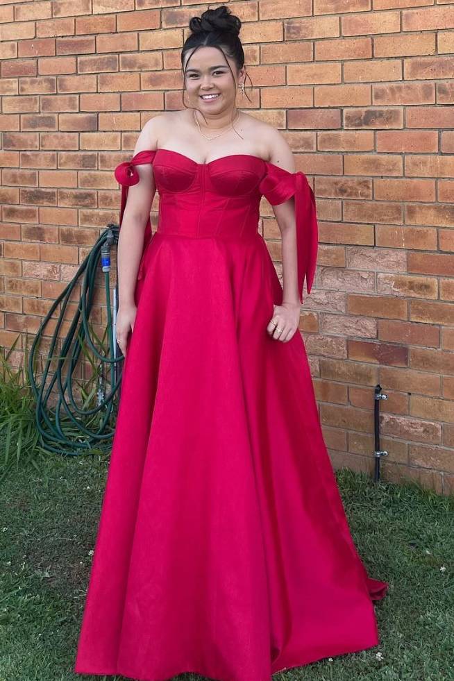 Off-Shoulder A-Line Satin Pleated Red Long Prom Formal Dress with Pockets