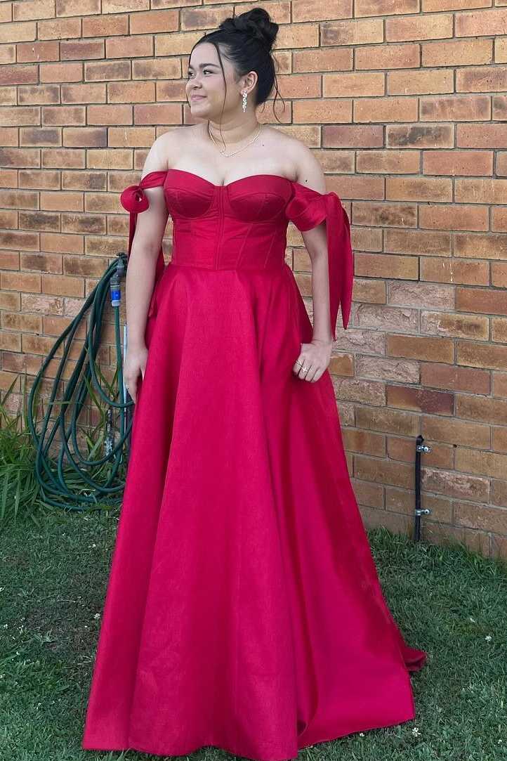 Off-Shoulder A-Line Satin Pleated Red Long Prom Formal Dress with Pockets